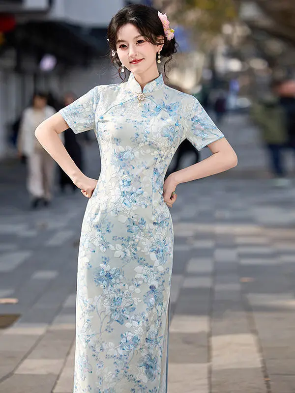 

Новое женское длинное платье-ципао в китайском стиле с коротким рукавом, ретро-рабочая одежда, весна-лето, дышащее, комфортное, с цветочным узором