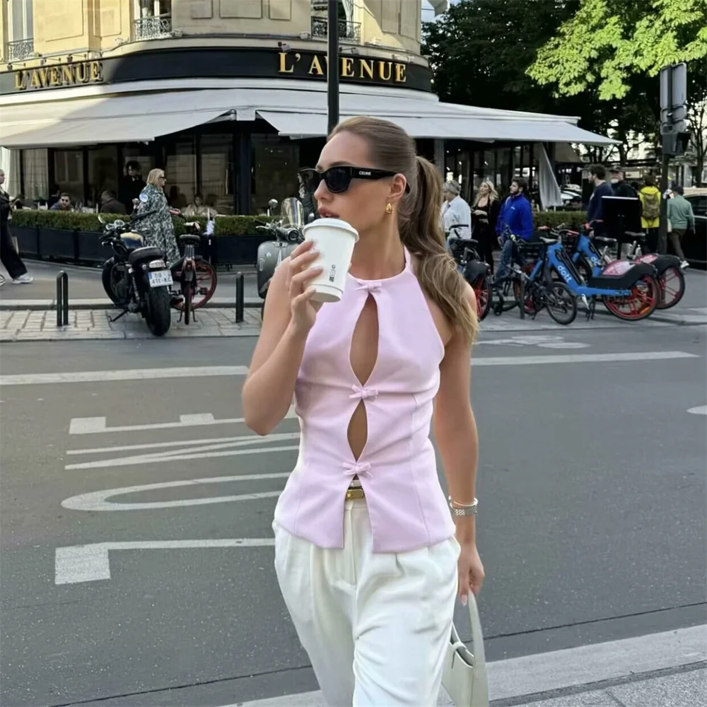 

Taop&Za 2024 Summer New Women's Fashionable and Sexy Slim Fit Bow Bow Decoration Hanging Neck Collar Top