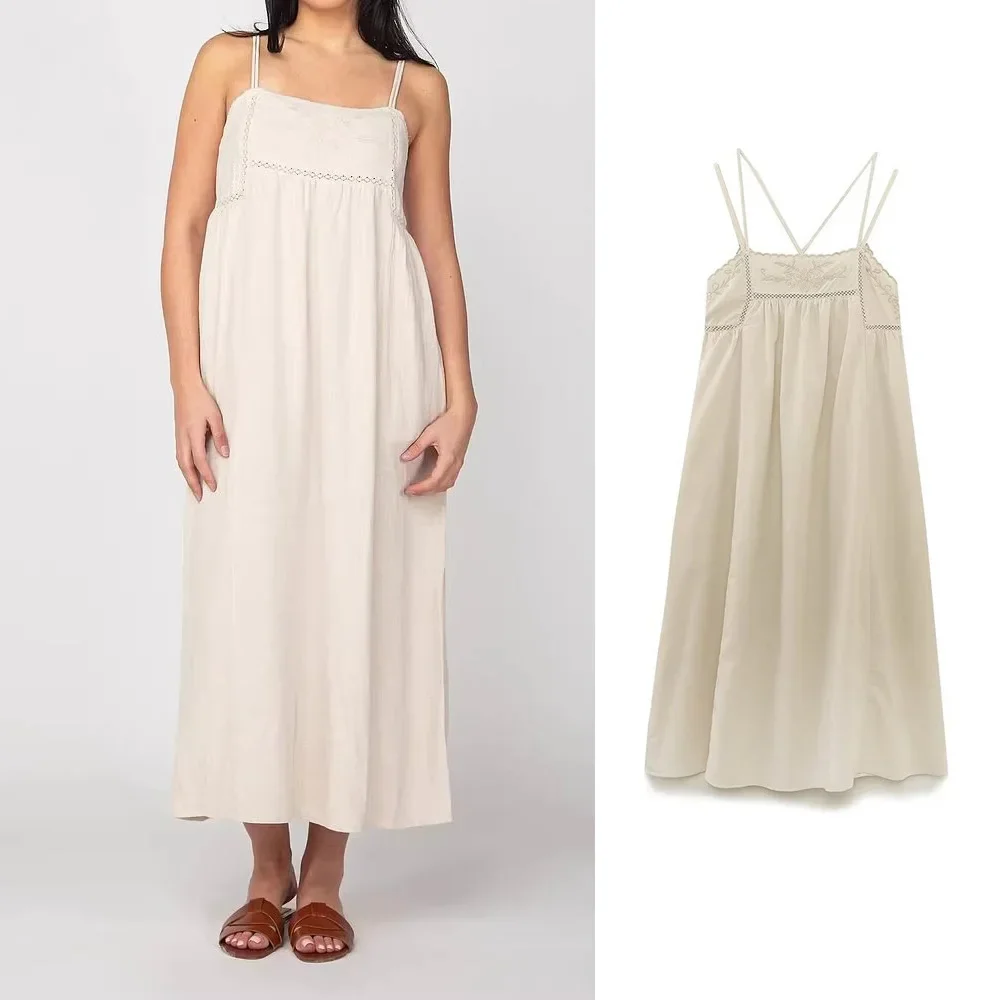 

Fangokv Women's Lace Suspender Dress Tube Top Sleeveless Backless A-line Midi Skirt Spring and Summer Casual Chic Long Skirt