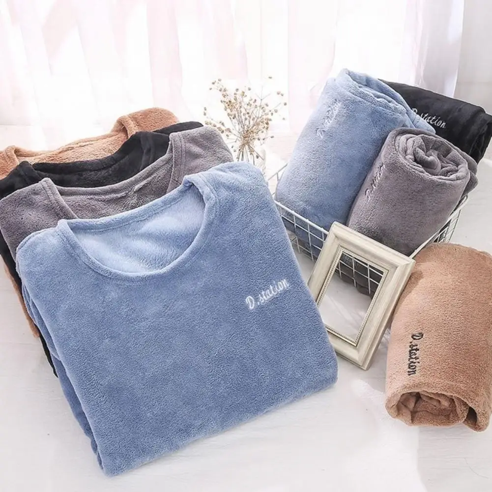 Thickened Pajamas Set Cozy Winter Men's Pajamas Set with Thick Fleece Round Neck Thermal Cold Resistance 2 Piece for Soft