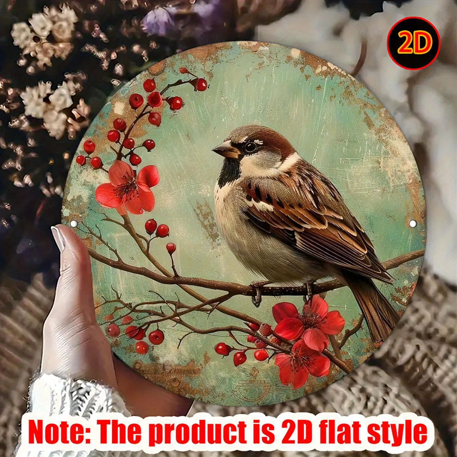 Vintage Sparrow & Red Berry Floral 2D Flat Tin Sign - Rustic Nature & Bird Themed Wall Decor for Home, Kitchen, Garden and Natur