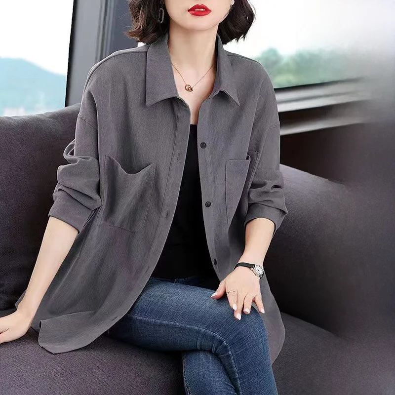 

plus Size Long Sve irt Women Loose Fit Korean Sle Pure Color Oversized Jaet Top for plus Size Women Autumn New Arrival