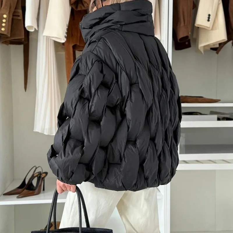 Colletto alla coreana alla moda Giubbotti in cotone Donna Casual Manica lunga Tinta unita Capispalla morbido Elegante cerniera Cappotti imbottiti a rombi