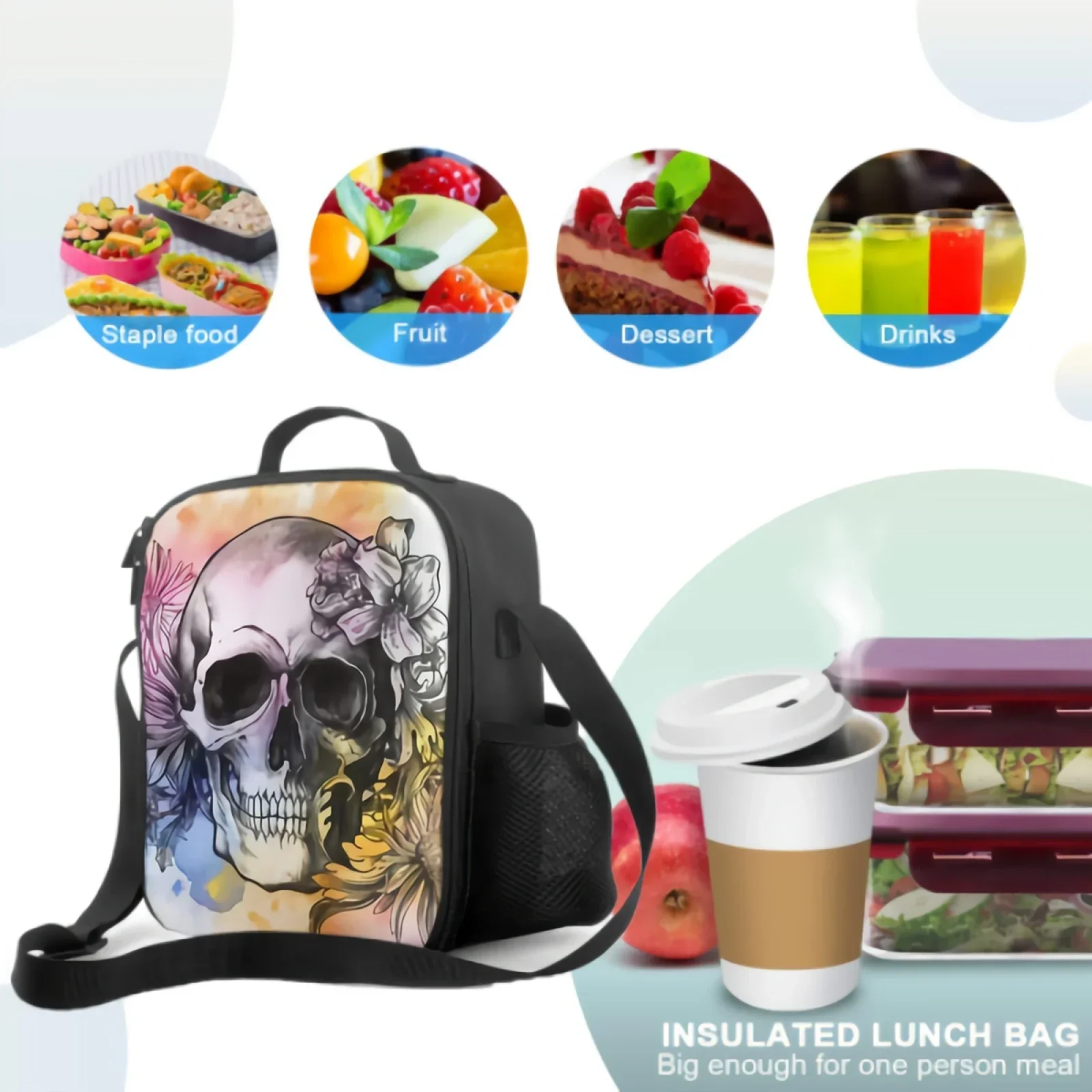 Watercolor Human Skull Head Insulated Lunch Box Skull With Flower Portable Cooler Bag Reusable Food Container for Travel Picnic