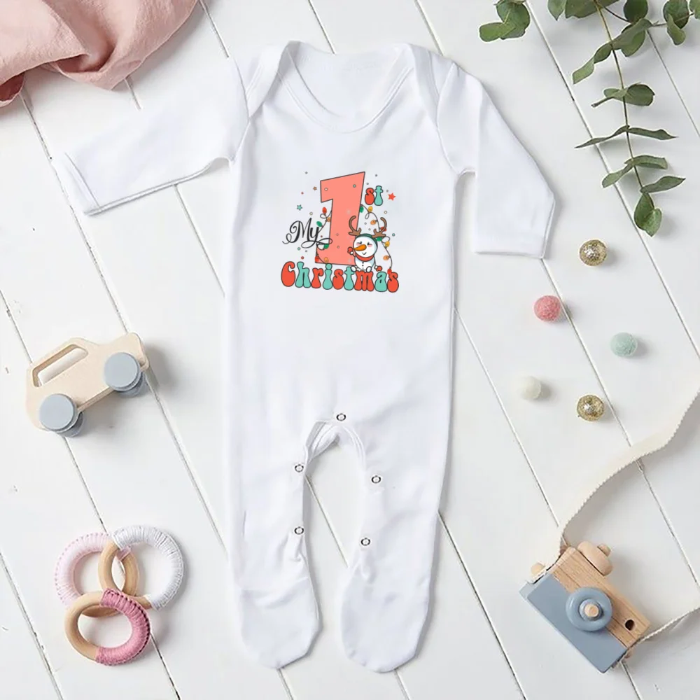 Baby Babygrow mój pierwszy świąteczny kombinezon z nadrukiem strój świąteczny maluch z długim rękawem Romper ubranka dla niemowląt body dla noworodka