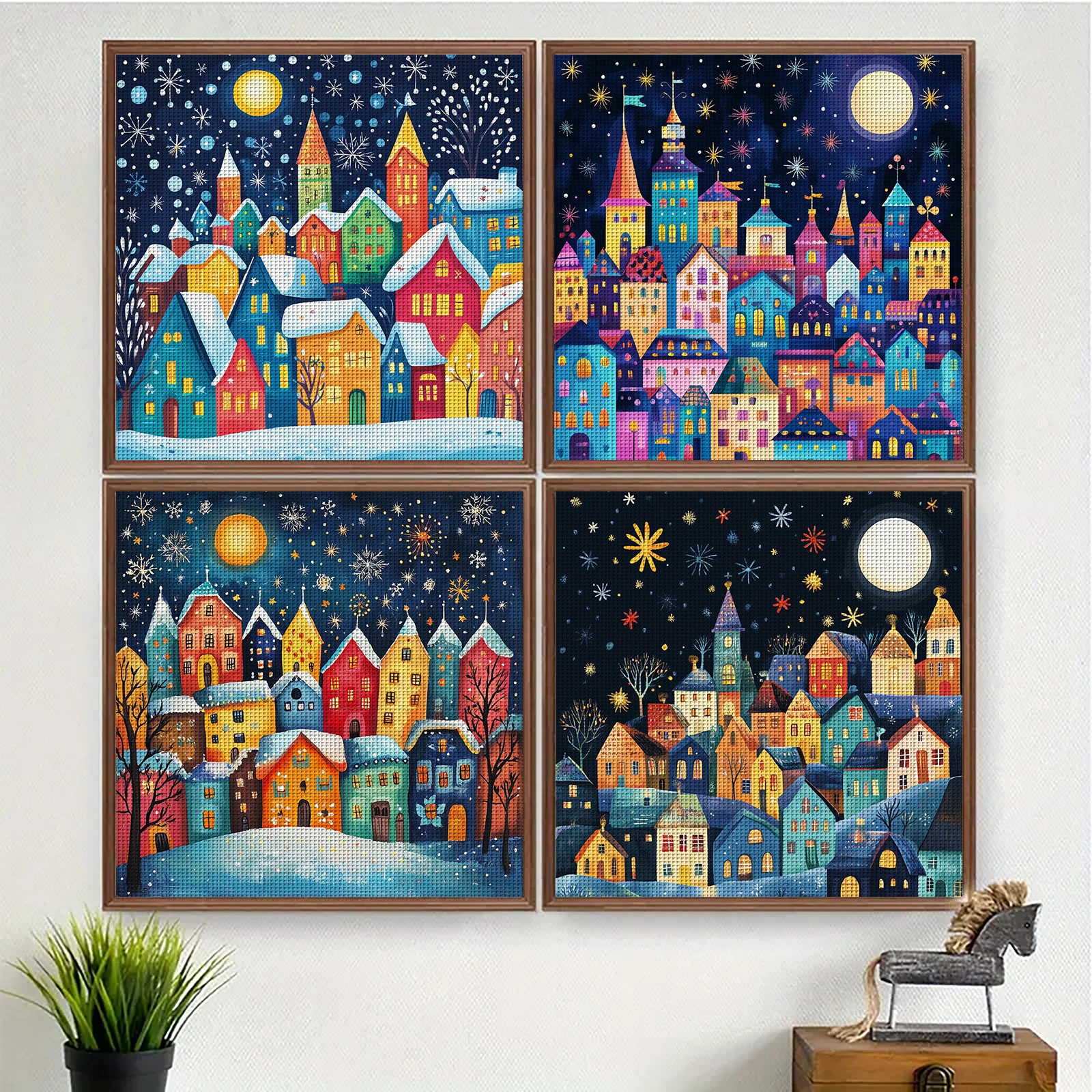 

1PC46X46cm/18.11X18.11in,11CT print cross stitch DIY kit,Colorful Night Village,adult beginner's relaxed cross stitch stitch set