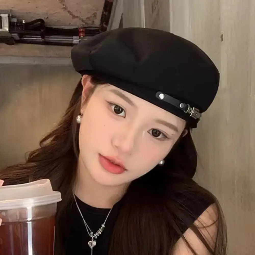 

Fashion Korean Style Vintage Beret Hat Big Head Circumference Solid Color Metal Buckle Octagonal Hat JK Y2k Painter Cap Winter