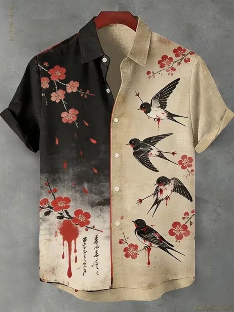 Men's shirt with red plum blossom and swallow print, Hawaiian style, short-sleeved, comfortable, loose-fitting printed shirt.