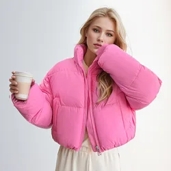 2024 Women's Winter Puffer Jacket Stand-up Collar Cropped Quilted Jacket Splashproof Water Repellent Windproof Down Cotton Coat