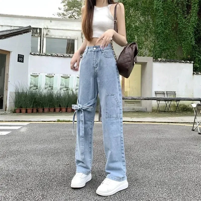 

Women's Bow Jeans Harajuku Cute Washed Blue Denim Straight Pants Woman Korean Style High Waist Baggy Wide Leg Pants Women V536