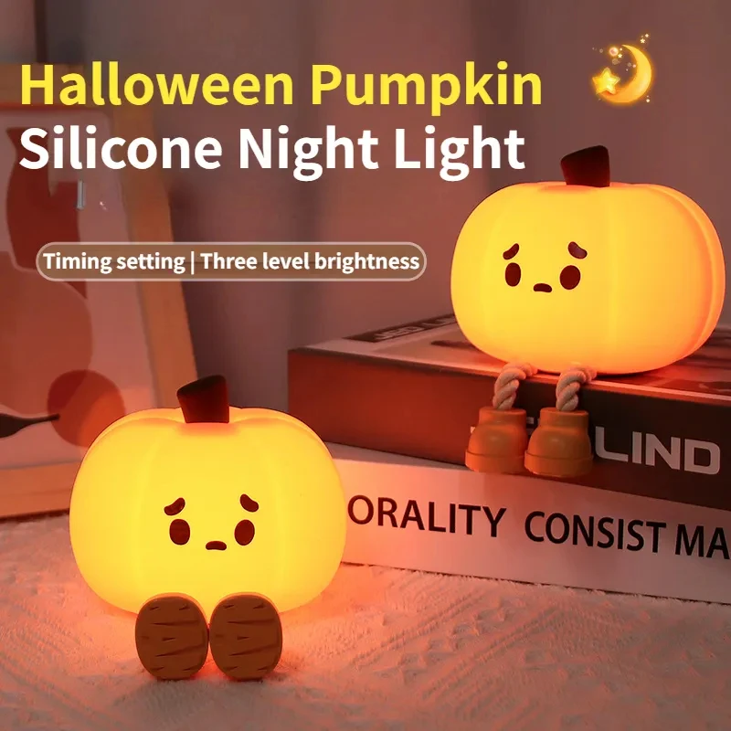 Luz de noche de calabaza de Halloween, lámpara de silicona suave, táctil, regulable, recargable, decoración de cabecera, regalos para niños, decoración del hogar