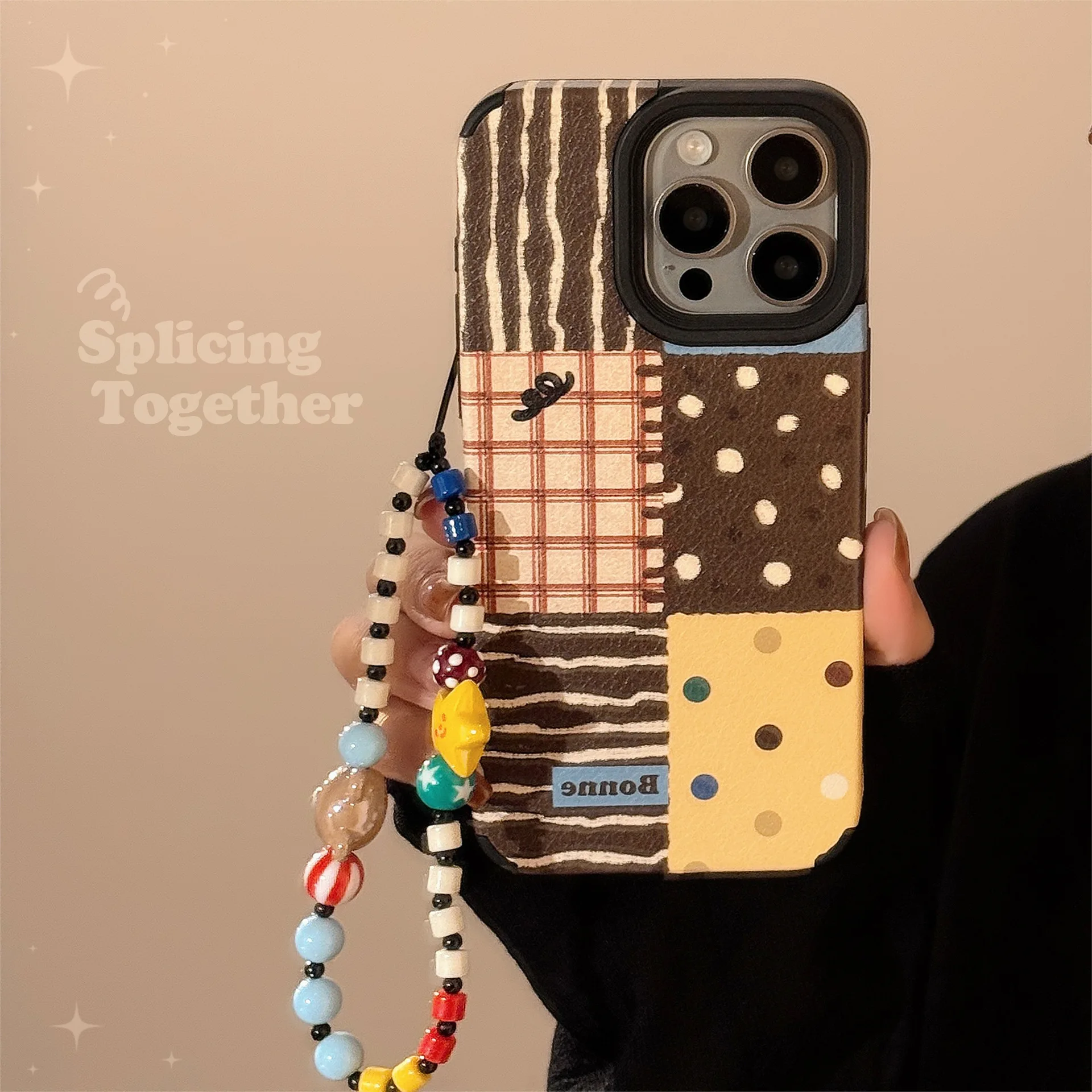 Koreanische INS Retro Spleißen Muster Mit Handgelenk Armband Fall Für iPhone 16 15 14 13 12 11 Pro max Leder Zurück Telefon Abdeckung Capa