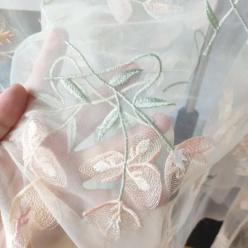 Hermosa tela de encaje de flores, tela bordada de tul floar de albaricoque para vestido de niña, vestido tutú, vestido de novia, velo de novia, 1 yarda