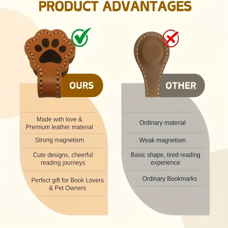 3 قطع من الإشارات المرجعية المغناطيسية المصنوعة من جلد البولي يوريثان على شكل كلب لطيف - جلد PU باللون الأبيض والبني والأسمر مع تصميم مخلب منقوش، مثالي لمحبي الكتب