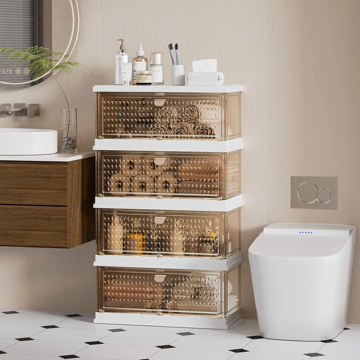

Foldable Storage Cabinet With Drawers, 4-Tier Integrated Bathroom Floor Cabinet With Magnetic Door, Small Hutch With Door