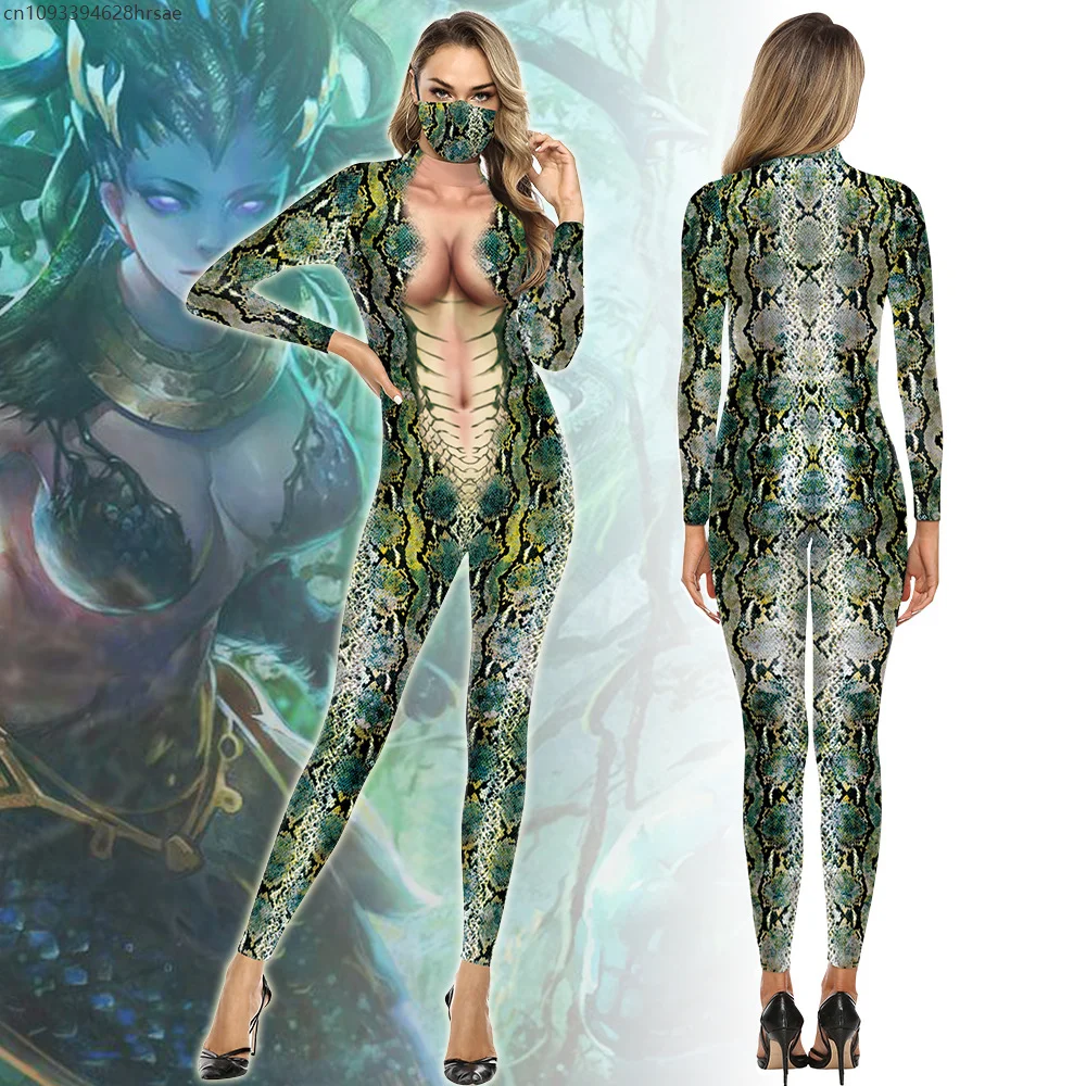 

Snakeskin 3D Printed Sexy Women Girl Bodysuits Cosplay Costume Jumpsuit Adults Onesie Long SleeveHalloween Party Game Outfits