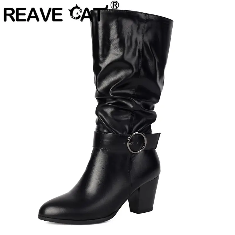 

REAVE CAT Classic Women Mid Calf Boots Round Toe Wide Leg Chunky Heels 6.5cm Slide On Strap Buckle Big Size 47 48 Dating Boots