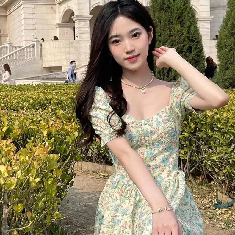 

French Spring Floral Dress for Women Summer New Bubble Sleeve Princess Dress Streetwear Women Clothing