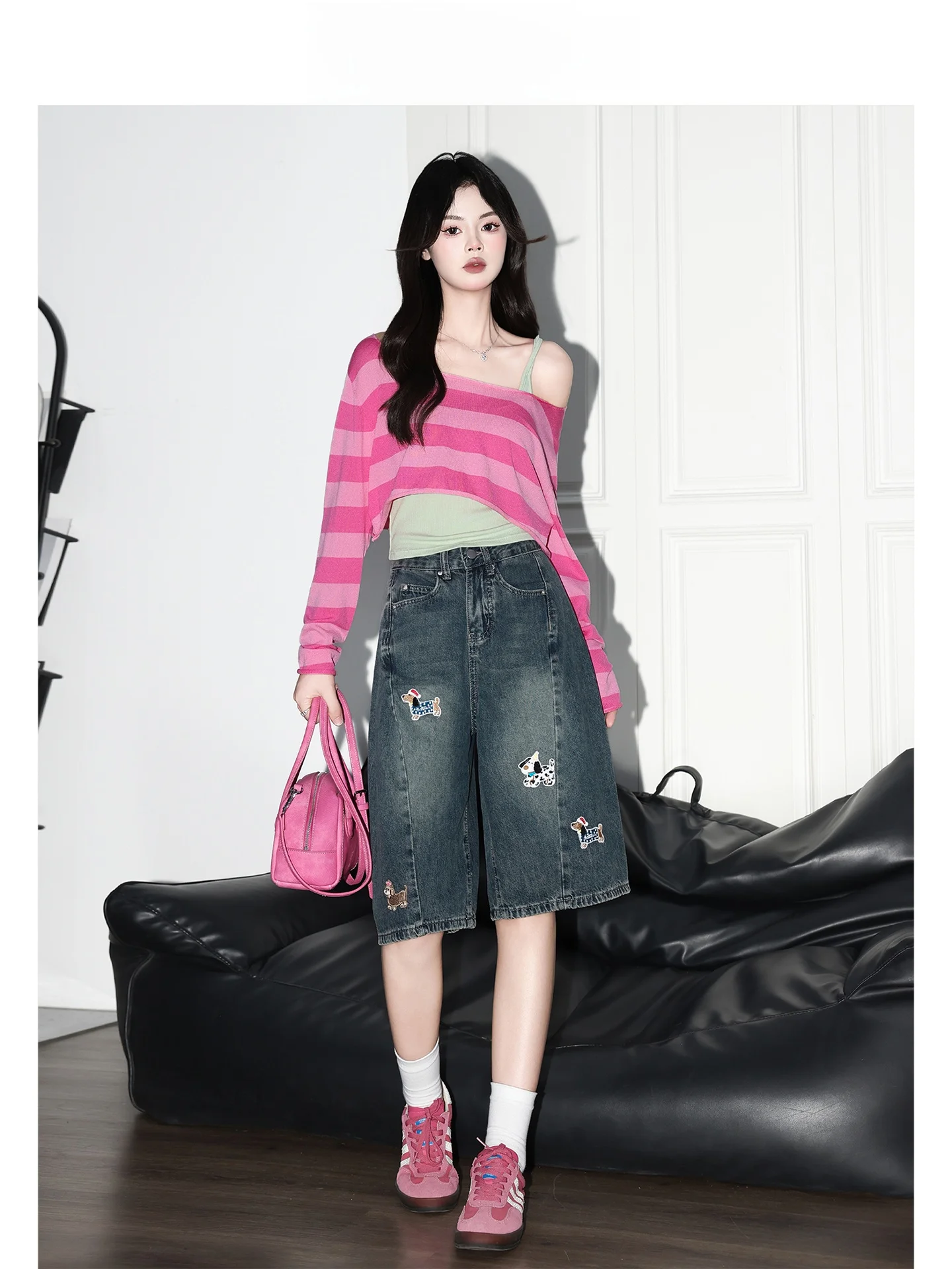 Jeans de mezclilla bordados de cintura alta y pierna ancha estilo americano Forever 21 para mujer, con diseño divertido de perro, de tubo recto y largo hasta la rodilla.