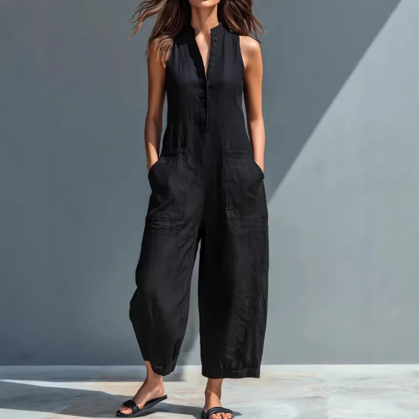 Verão casual sem mangas com gola alta bolso macacões feminino macacão feminino combinaison femme monos de mujer casuales