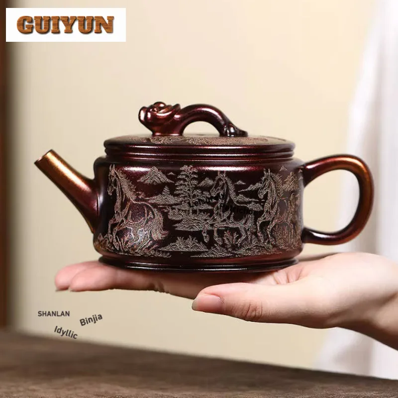 

300ml Antique Yixing Purple Clay Teapots Handmade Large Caliber Pot Raw Ore Shell Burnt Mud Kettle With Infuser Zisha Tea Set