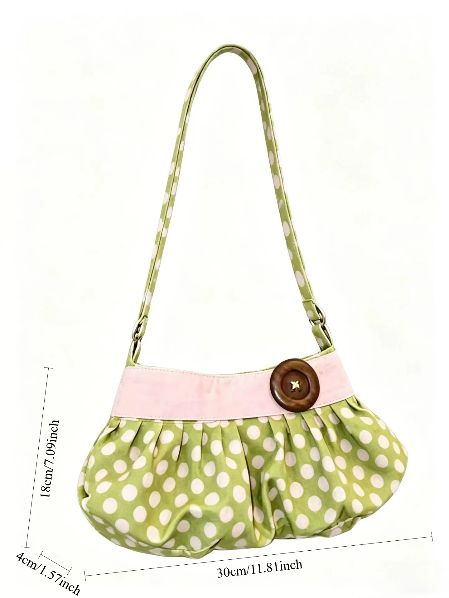 Sac à bandoulière plissé rétro à pois avec bouton en bois, sac à main décontracté à rayures douces, sac de banlieue à motif