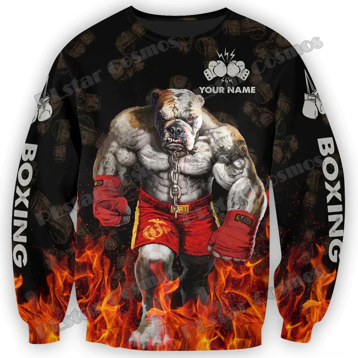 PLstar Cosmos Customize Name Funny Boxing Bulldog 3D Printed Men's Hoodie Unisex Casual zipped Pullover Boxing Lover Gift HW21