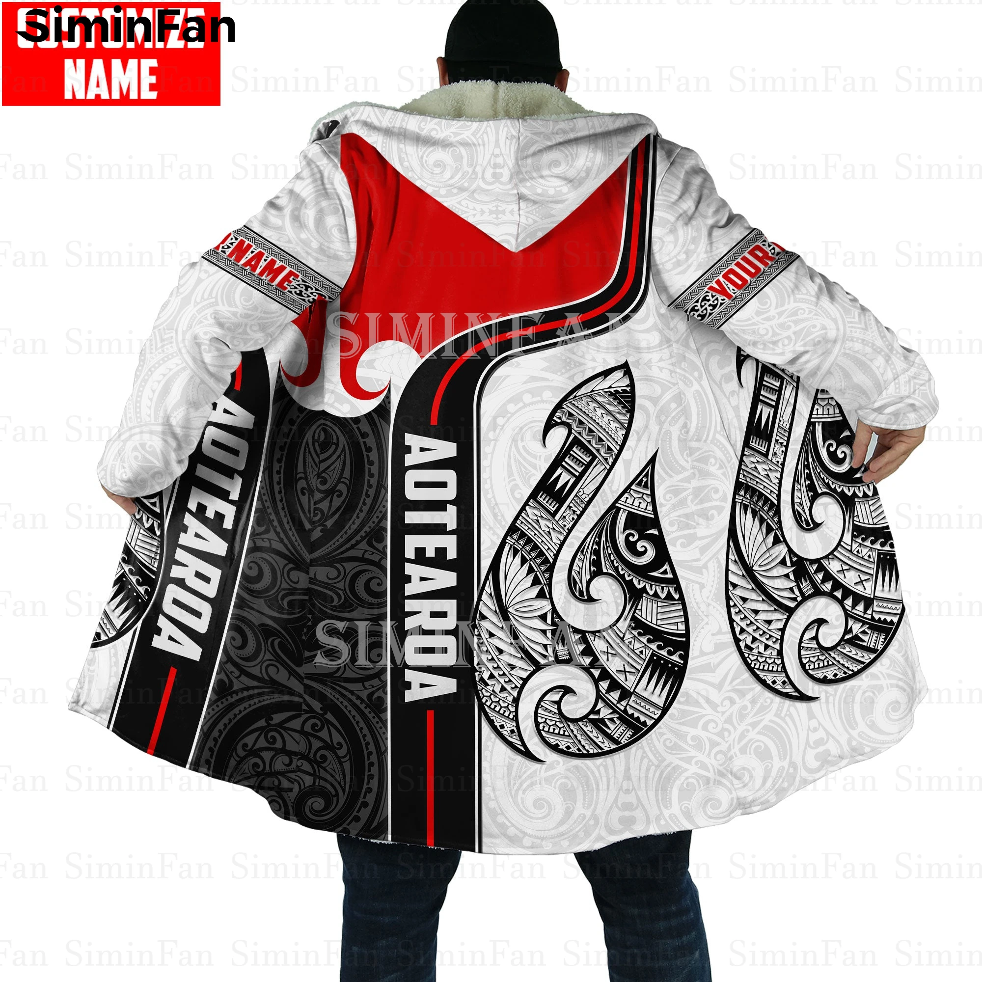 

New Zealand Aotearoa Maori Fish Hook 3D Printed Mens Hooded Cloak Cape Jacket Windbreaker Unisex Cashmere Warm Flannel Coat