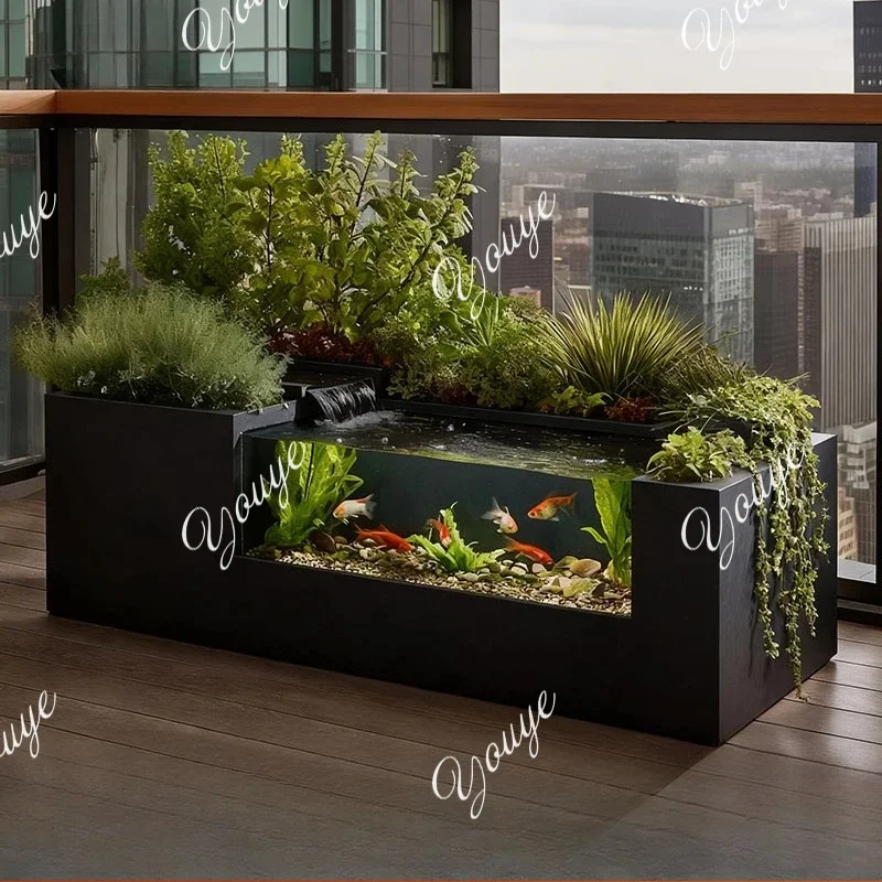 Stainless steel rectangular fish tank bottom cabinet balcony landscaping circulation system plant water feature box