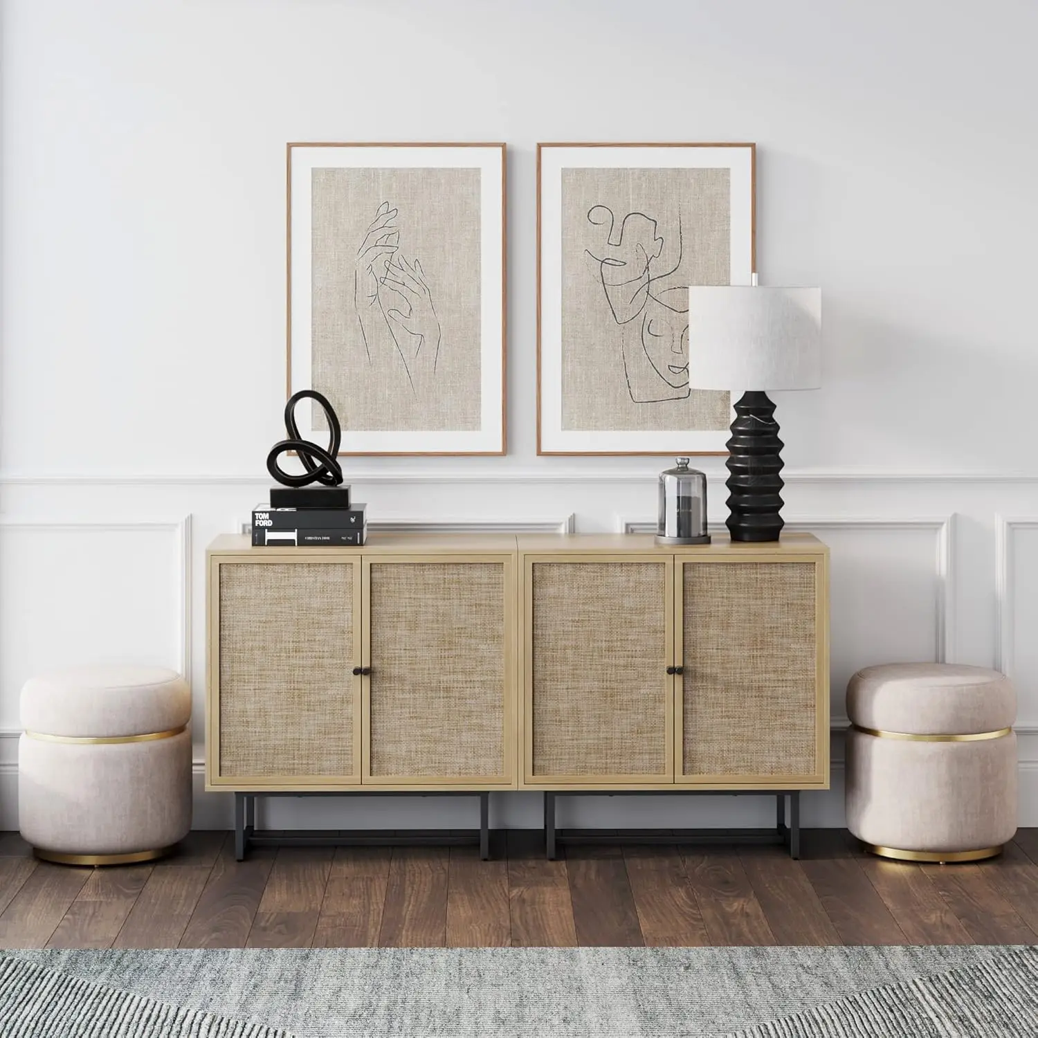 Rattan Wood Accent Sideboard Storage Cabinet TV Stand with Matte Metal Frame, Adjustable Shelves and Cane Door