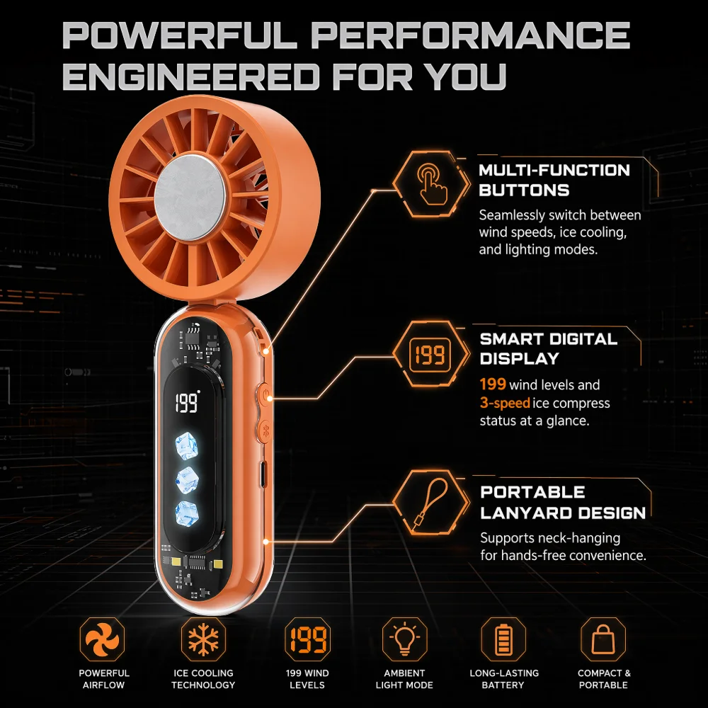Portable Summer Hand Cooling Fan 3000mAh Large Capacity Battery 199 Speeds Strong Wind 3 Modes Ice Compress Function LED Light