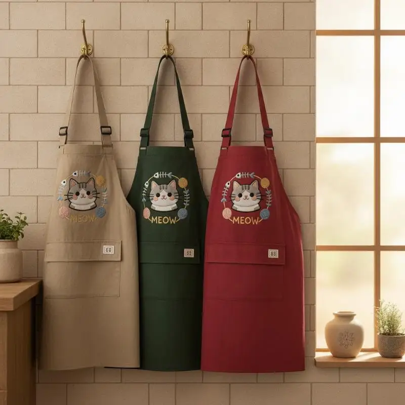 Embroidered Cat Kitchen Apron Waterproof Oil-Proof Adjustable Neck Straps for Home Baking Cooking Grilling Use
