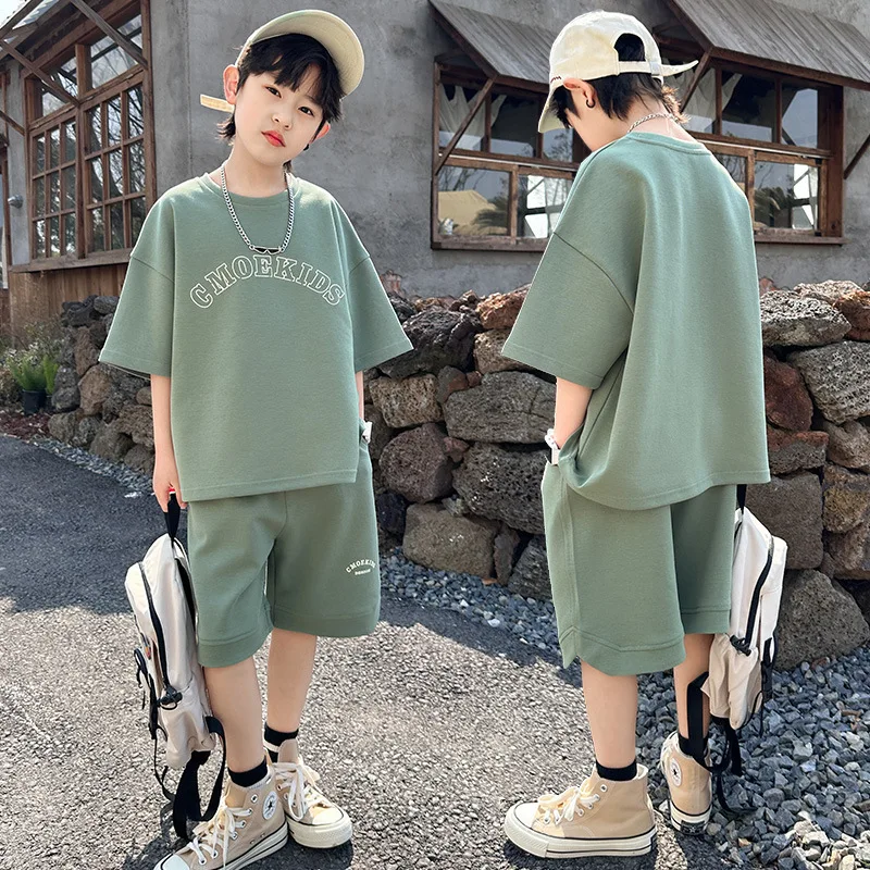 JUCPKID Korean Summer Children Boy Tracksuit Teenager Boy Alphabet Workout Sweatshirt+Sport Shorts School Boy 2PCS Clothes Set