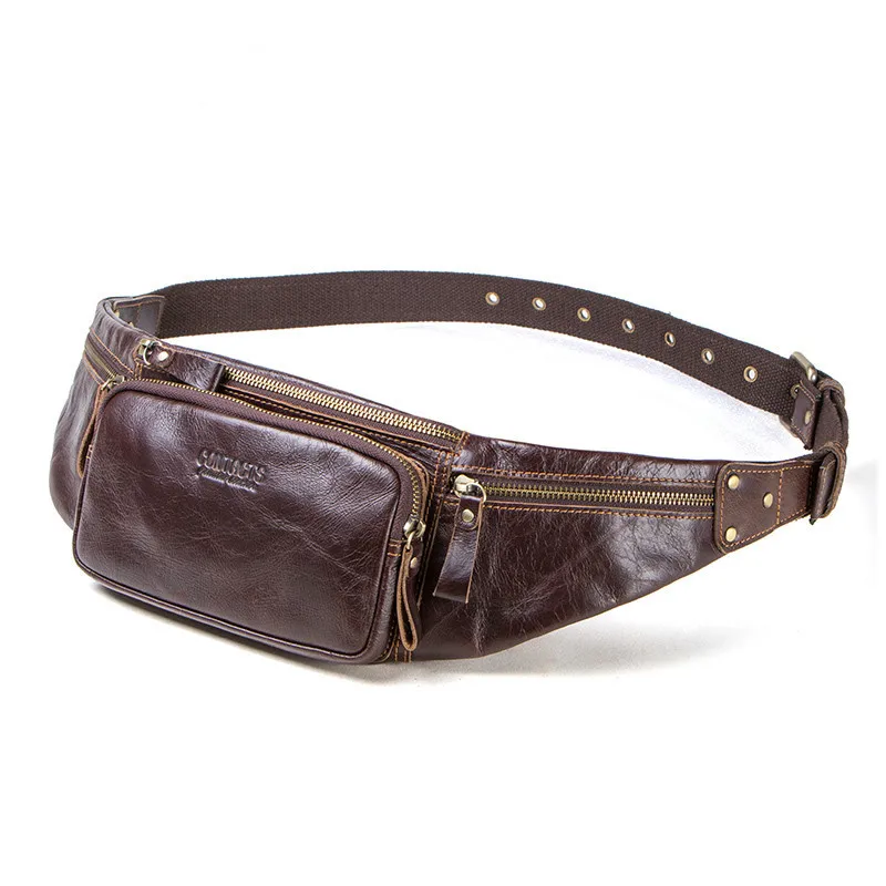 2024 Real Cow Leather Men Waist Bag New Casual Small Fanny Pack Male Waist Pack For Cell Phone And Credit Cards Travel Chest Bag