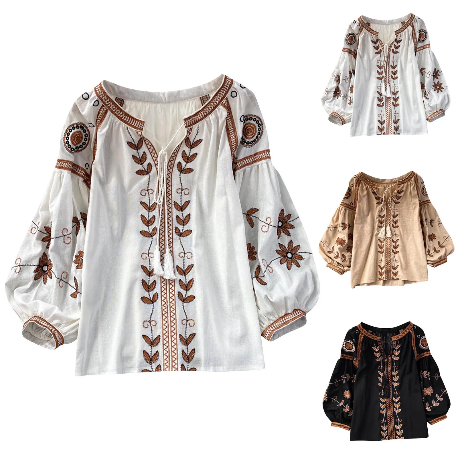 Women Vintage Shirts Tops Causal Lace-Up Round Neck Loose Patchwork Cotton Linen Pullover Tops Ethnic Style Lantern Sleeve Tops