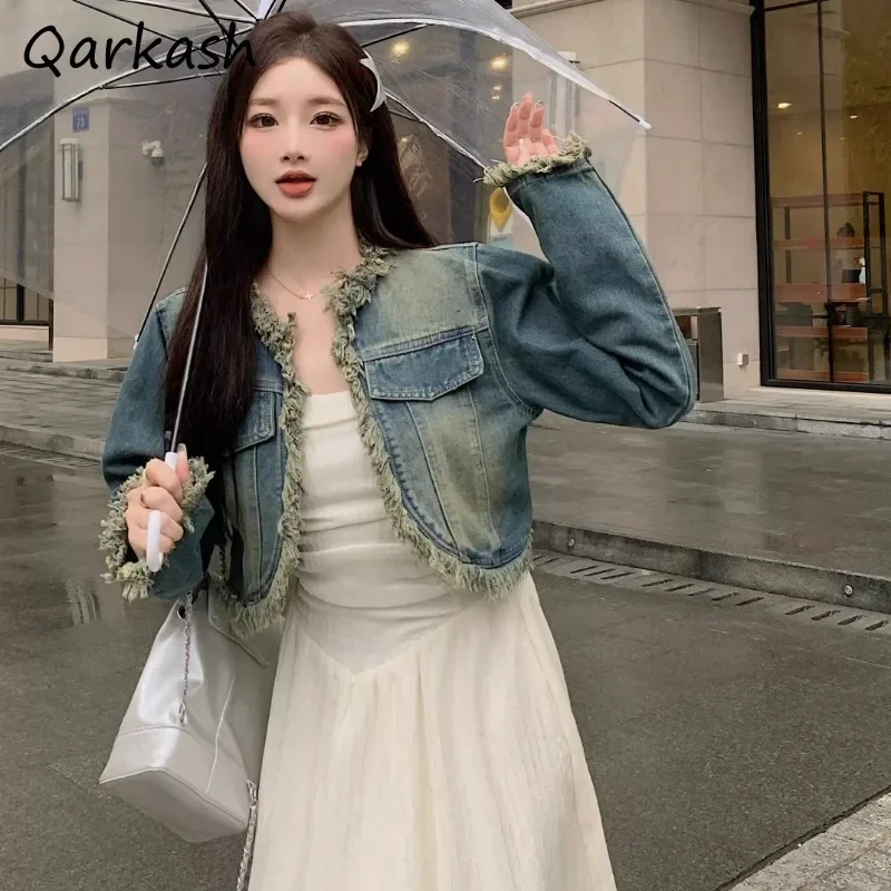 Denim Jacket Retro Crop Raw Edge Long Sleeve Autumn New Fashion All-match Korean Style Prevalent Streetwear Chic Coats Cozy Tops