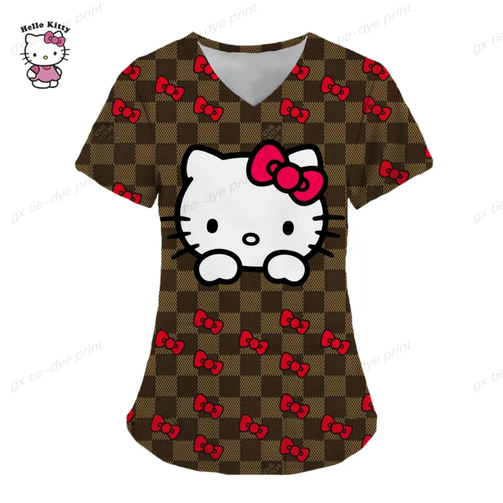 2023 Hello Kitty 3D Print Women Scrubs Top Nursing Uniform Summer Short Sleeve V-neck Tops Female Care Workers Uniforme Hot Sale