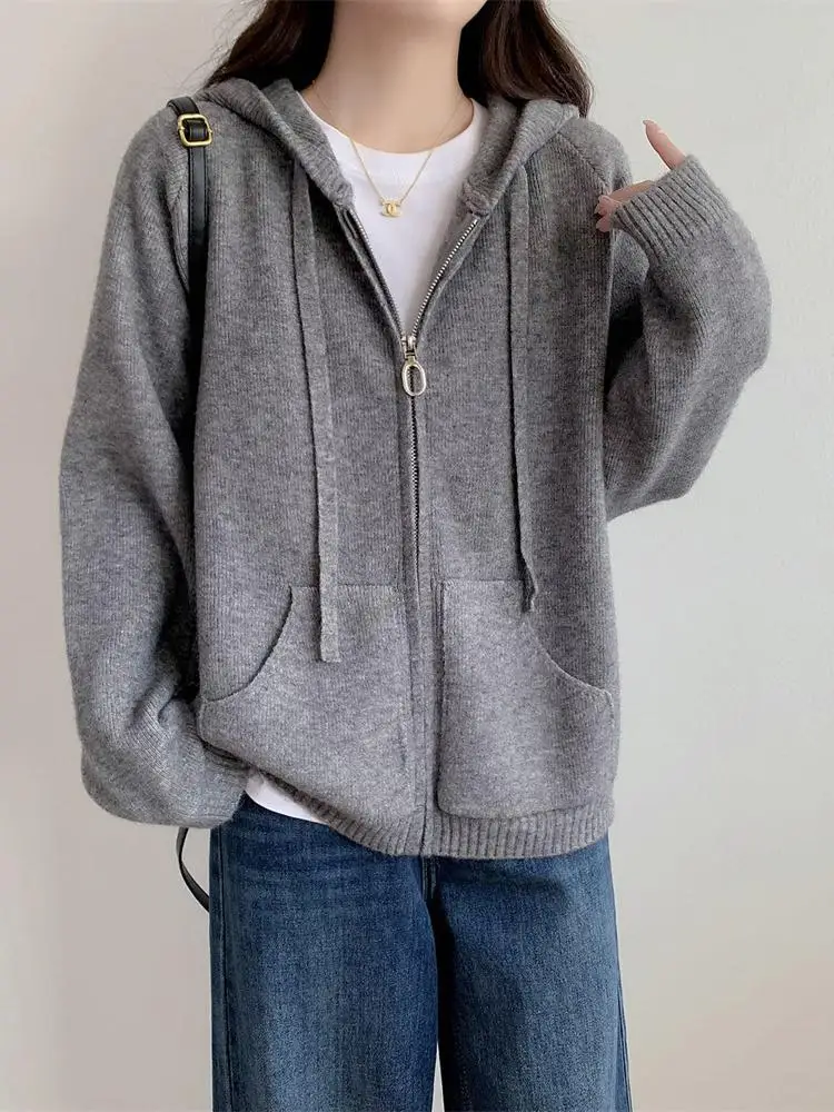

Korean Autumn Winter Solid Long Sleeve Double Zipper Hooded Sweater Korean Women's Vacation Cardigan Knitted Tops Trend Clothing