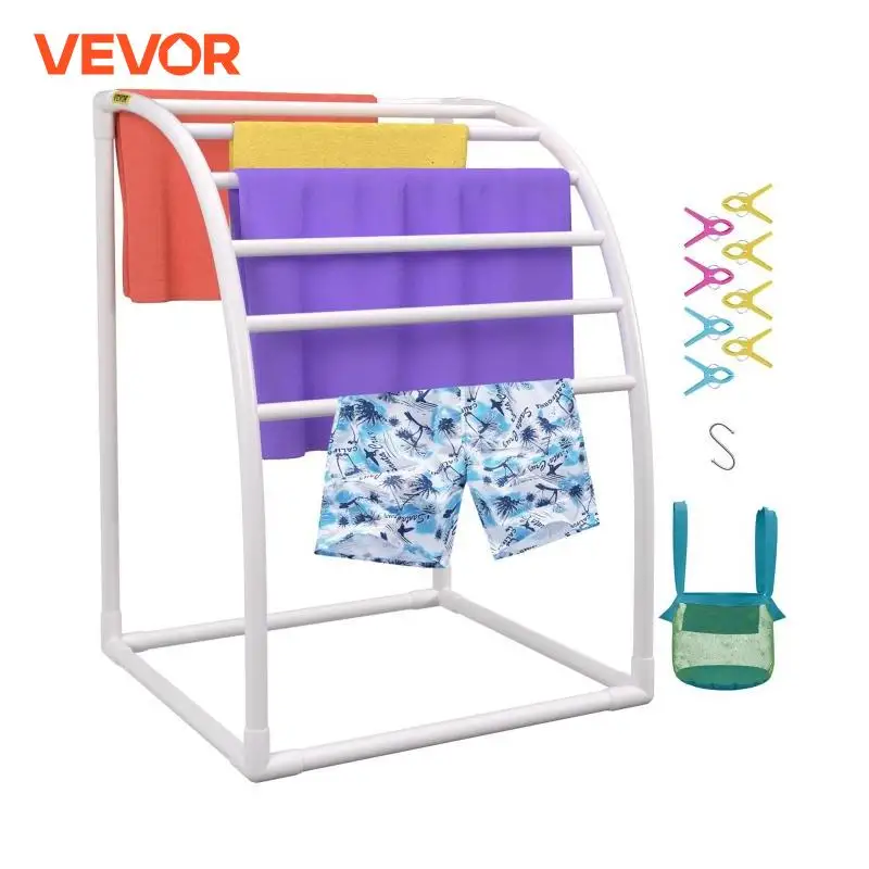 VEVOR Pool Towel Rack 5/6/7 Bar Outdoor PVC Trapezoidal/Triangular/Curved Poolside Storage Organizer w/ White/Brown Freestanding