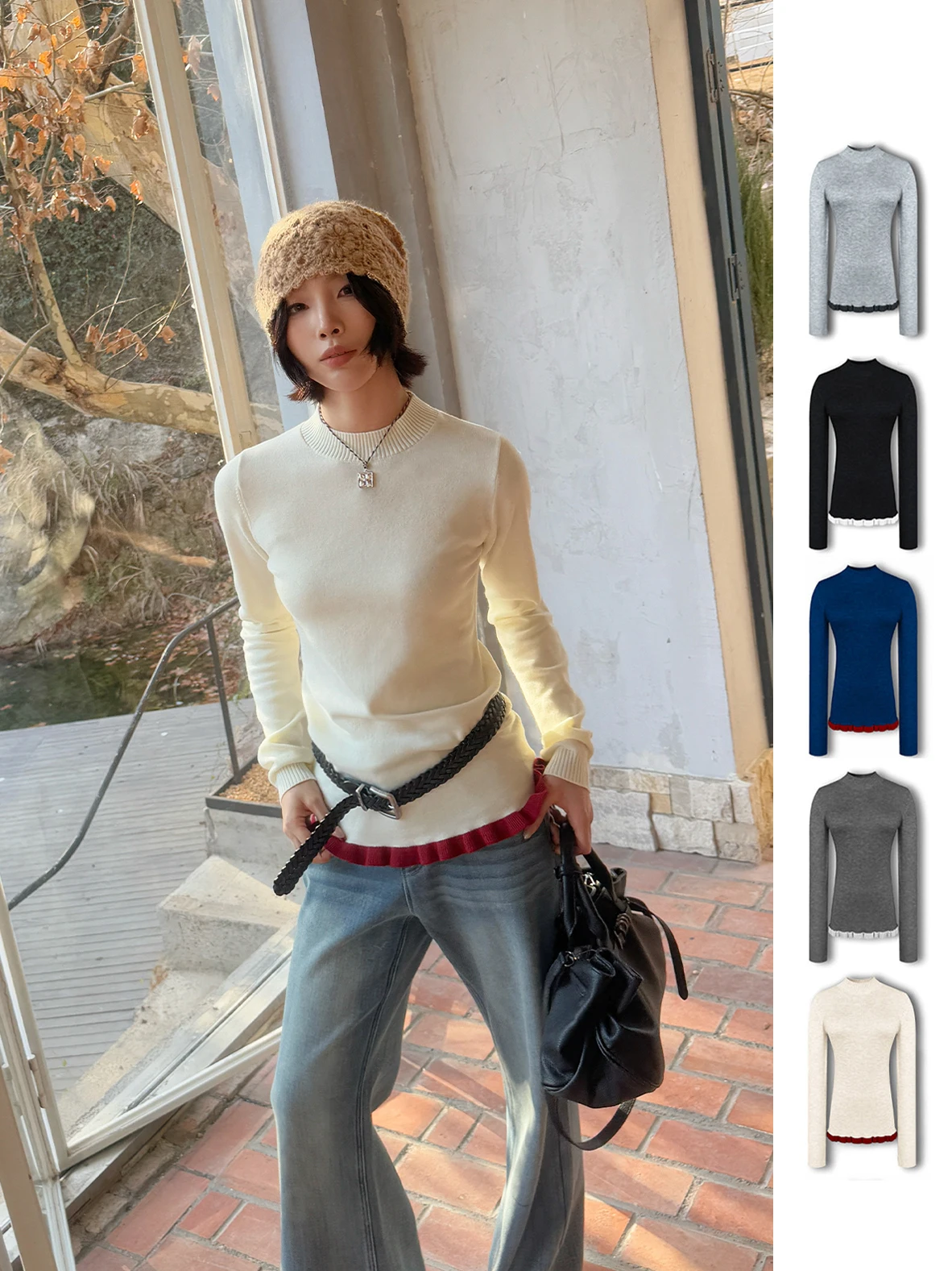 

Brand Silk Wool Knitted Sweater with Wood ain Ruffle by DEARSOCUTE Casual Sle Regular Fit Medium Softn