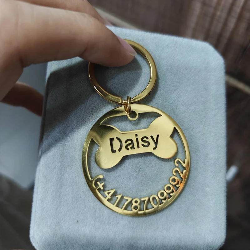 Custom Stainless Steel Pet Name And Phone Number Keychains Personlized Anti Lost Keyrings Name Keychains Pet Collar Keyholder