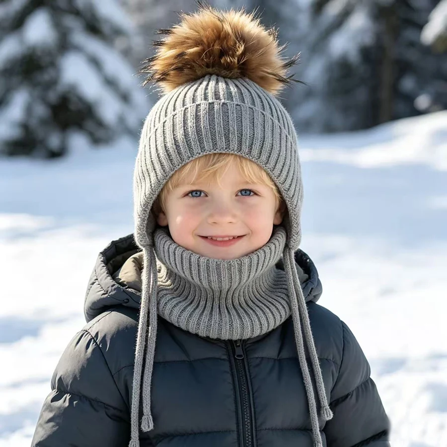 Winter-Wollmütze mit Nackenschutz 2-teiliges Set Echte Fuchsfell-Mütze für Kinder Jungen Mädchen Dicke Fleece Warme Gestrickte Gestreifte Ohrenklappe Baby Skullies Mütze – Detail 8