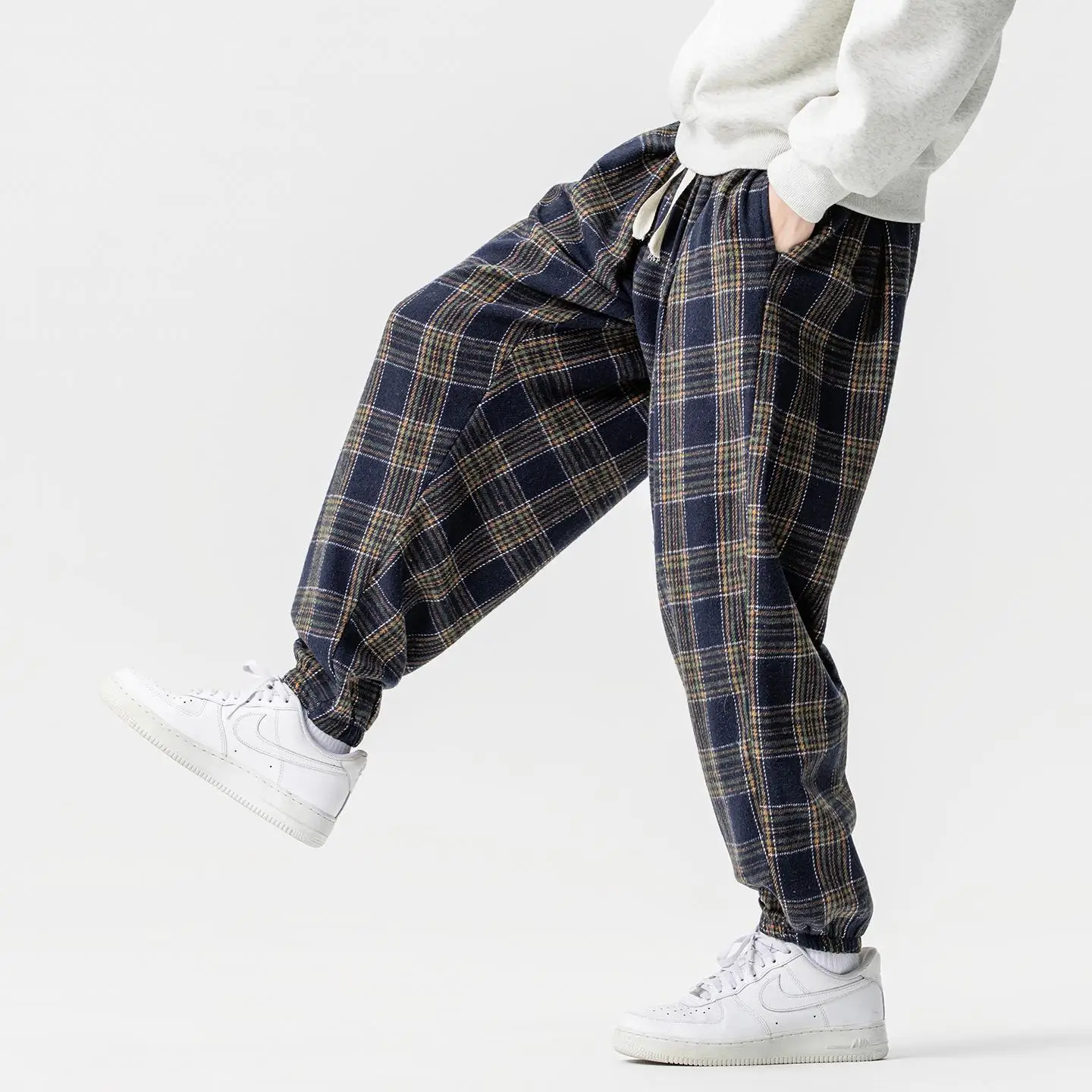 

Thick Plaid Pants Men's New Autumn Winter Warm Comfortable Elastic waist Pants Casual Fashion Retro Mens Jogger Pants Streetwear