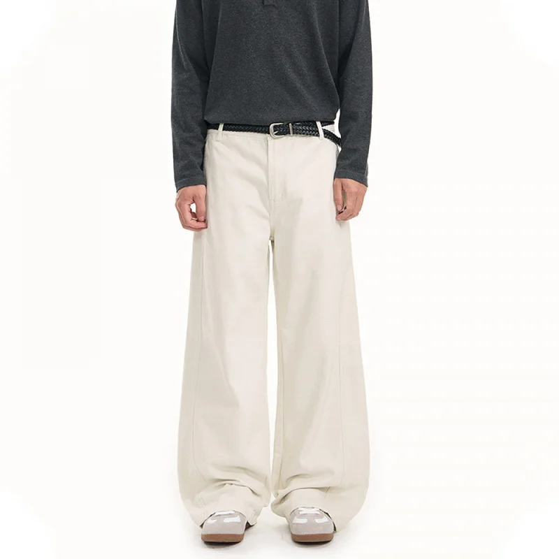 QICHE Unisex Washed French Vintage Curved Spliced Casual Pants, Loose Lazy Straight Leg Long Trousers