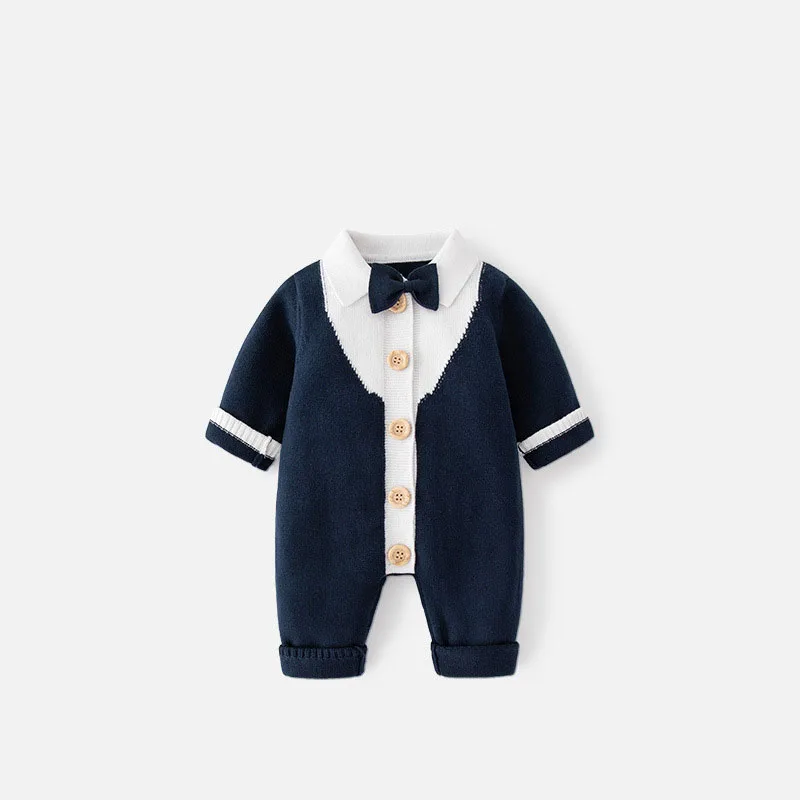 Spring Autumn Newborn Boys Bodysuit Fake Two Pieces Bowknot Patch Infant Boy Romper British Style 100% Cotton Baby Boys Jumpsuit