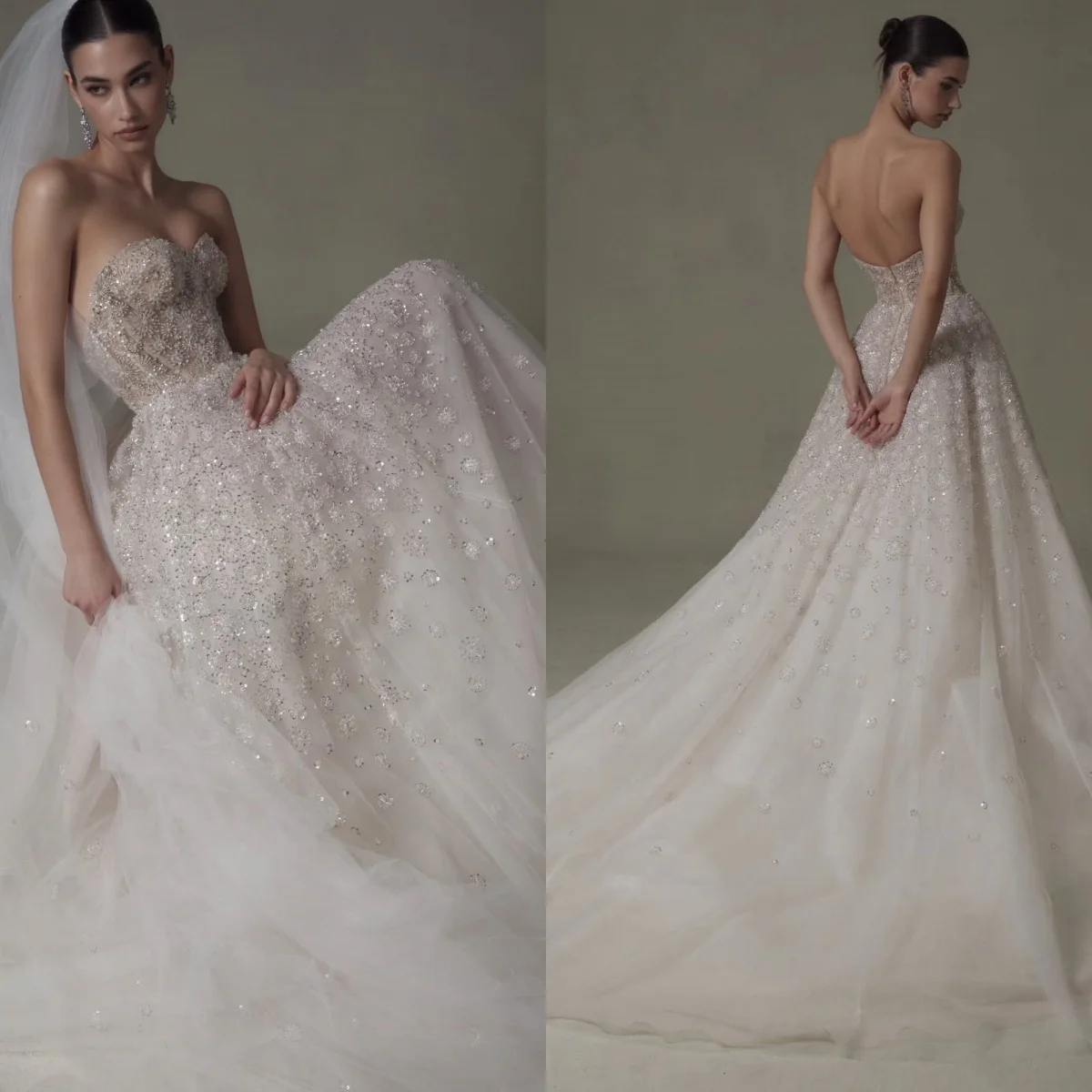 Personalizado elegante moderno delicado vestido de casamento sem alças organza apliques festa de noiva lantejoulas organza vestidos de noiva