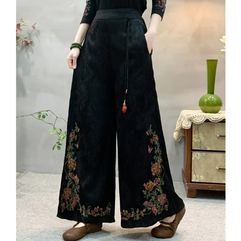

2025 chinese traditional elastic waist pants vintage satin jacquard ethnic trousers national flower embroidery wide leg trousers