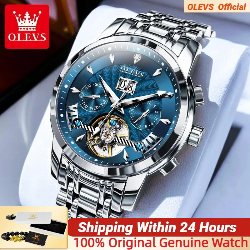 

OLEVS Luxury Brand Automatic Mechanical Watch for Men Multifunctional Date Luminous Waterproof Stainless steel Skeleton Flywheel
