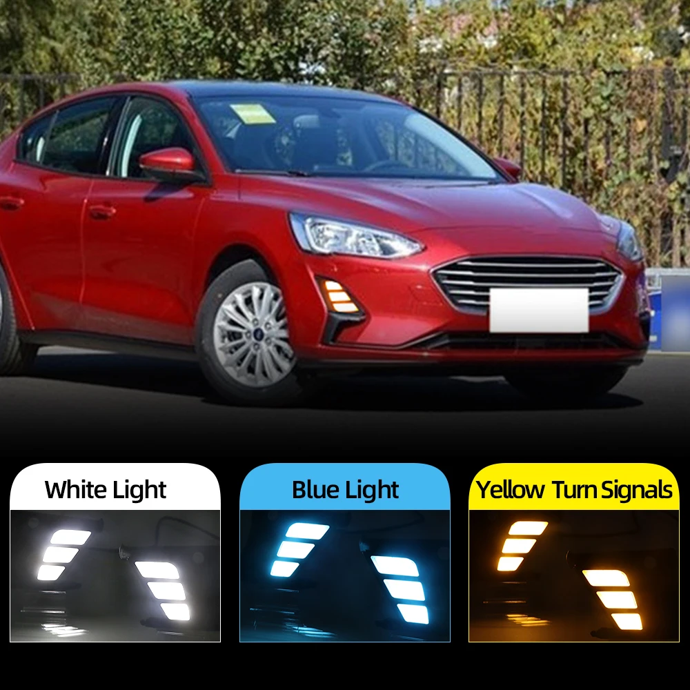 LED DRL For Ford Focus 2018 2019  Low configuration Daytime Running Lights Fog Lamp Cover with Yellow Turn Signal Functions