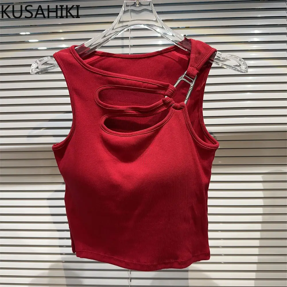 KUSAHIKI 2024 Summer New Niche Hollowed Out Design Spicy Girl Slim Fit with Chest Pad Camisole Vest